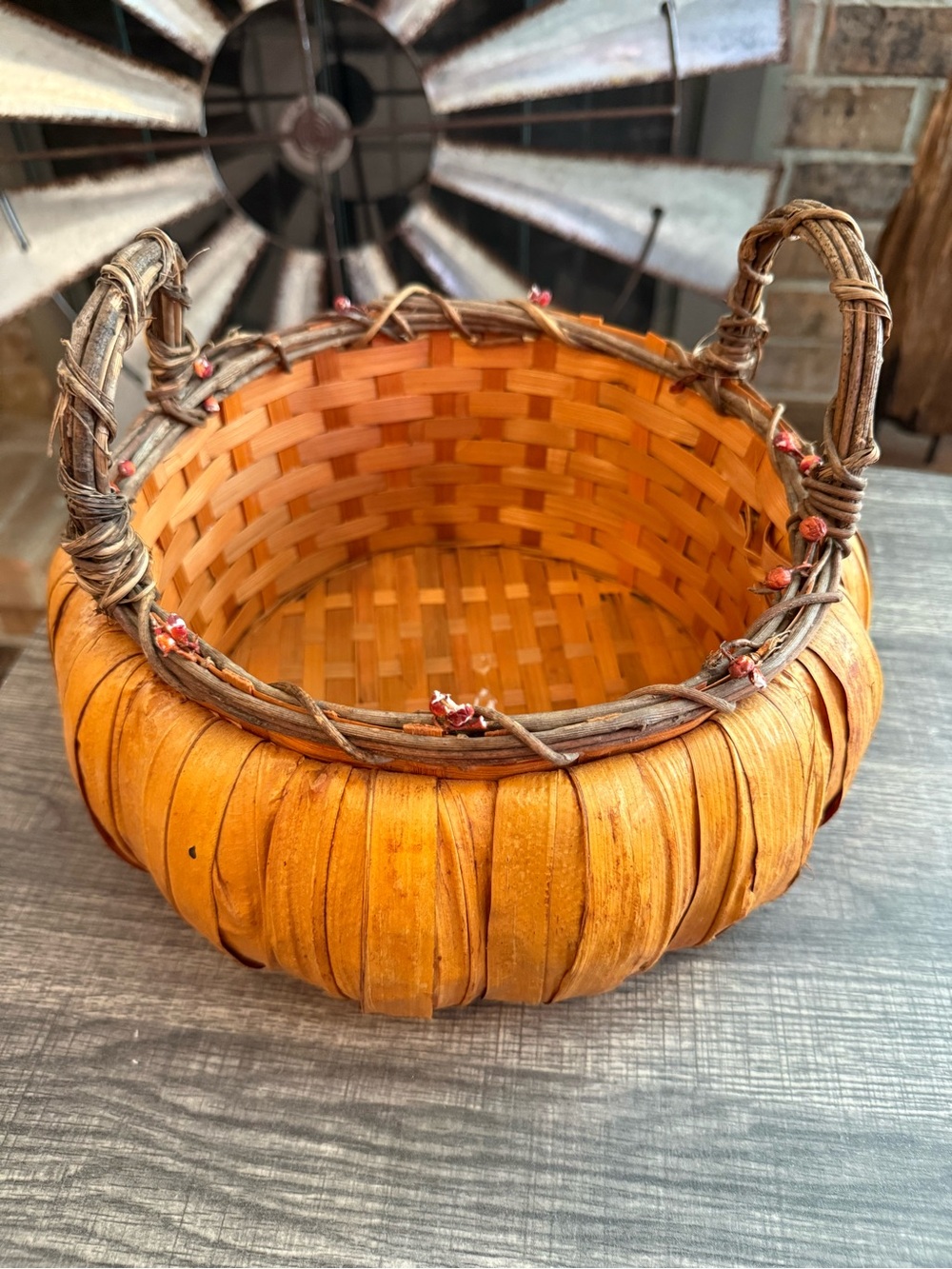 Rustic Pumpkin Shaped Woven Basket Fall Harvest Decor Handmade Style 11”